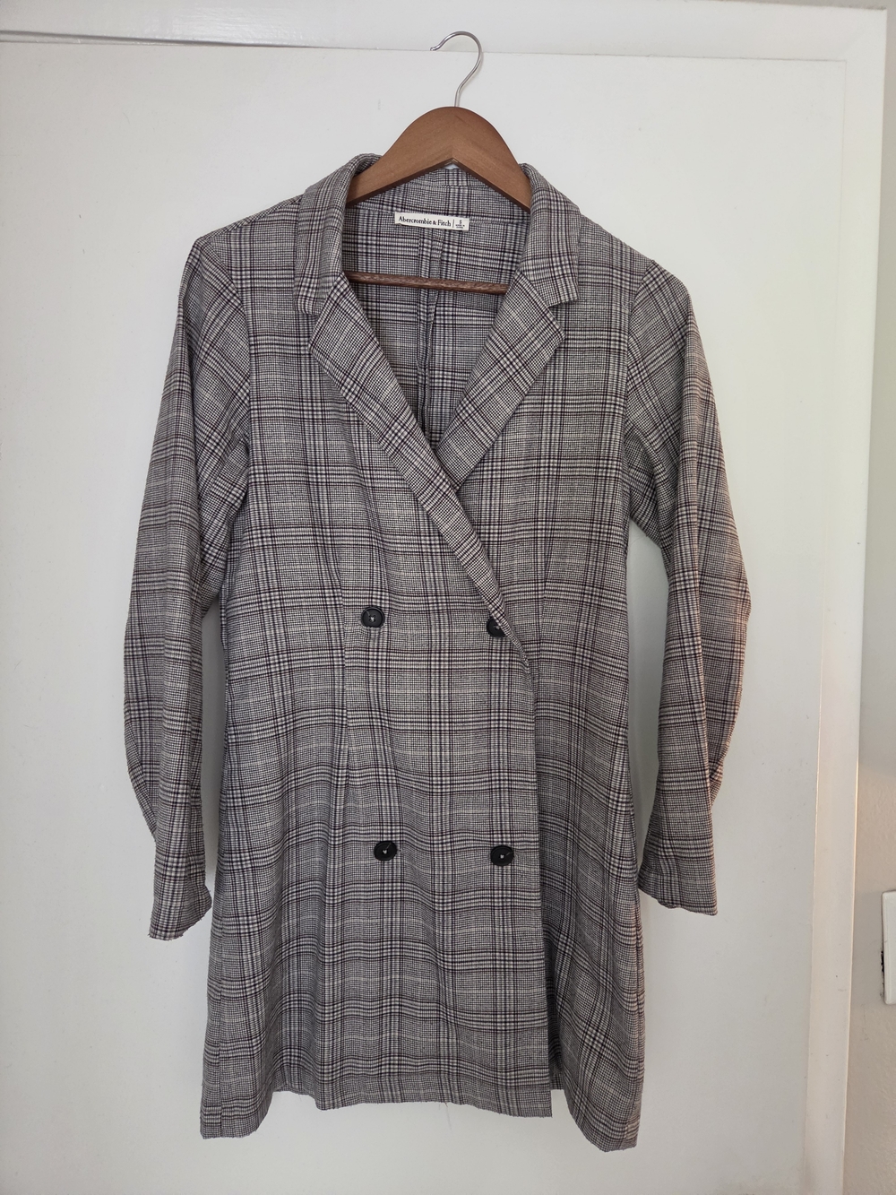 Abercrombie & Fitch Gray Plaid Double-Breasted Blazer